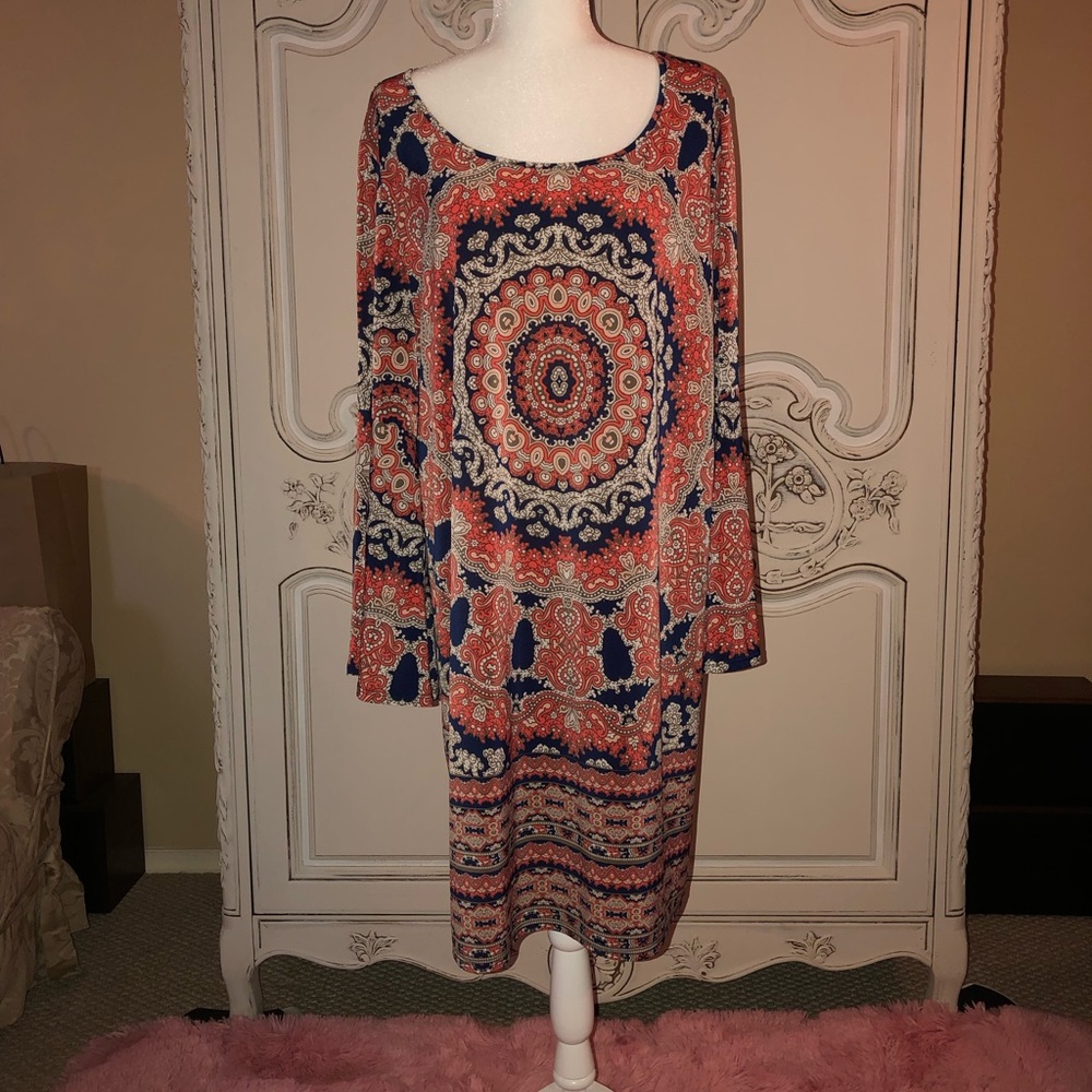 Orange and navy bell sleeve dress ~ size 2X